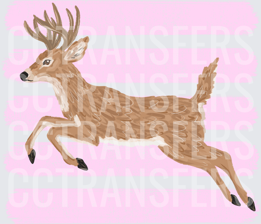 Leaping Buck Watercolor Art on Pink Stripes (DTF)