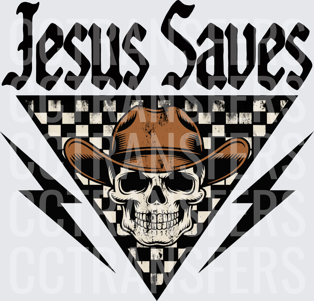 Jesus Saves Cowboy Skull Lightning Checkered Triangle (DTF)