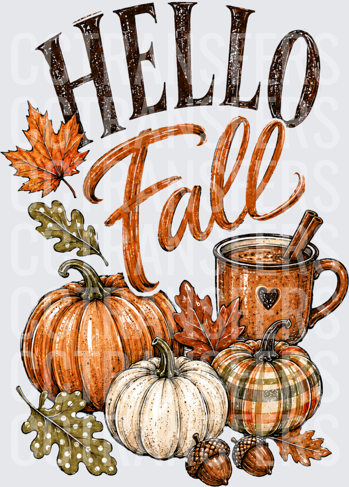 Hello Fall Pumpkins Coffee Mug Autumn Leaves Acorns (DTF)