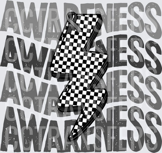 Awareness Checkered Lightning Bolt with Black Ribbon (DTF)