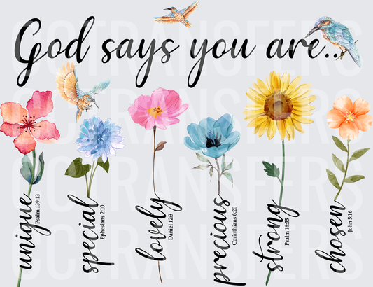 God Says You Are Floral Hummingbird Scripture (DTF)