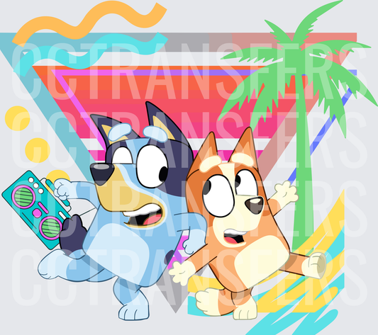 Cartoon Puppy Sisters Summer Boombox Palm Tree Retro (DTF)