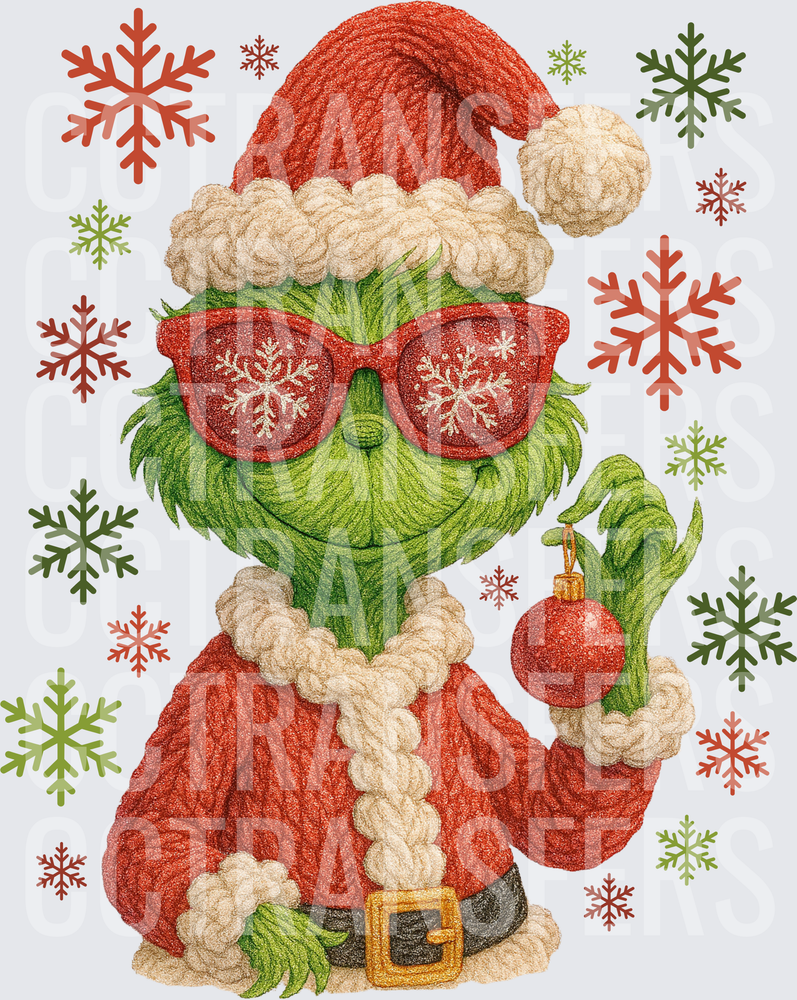 Fuzzy Green G-Man Santa Sunglasses Ornament Snowflakes (DTF)
