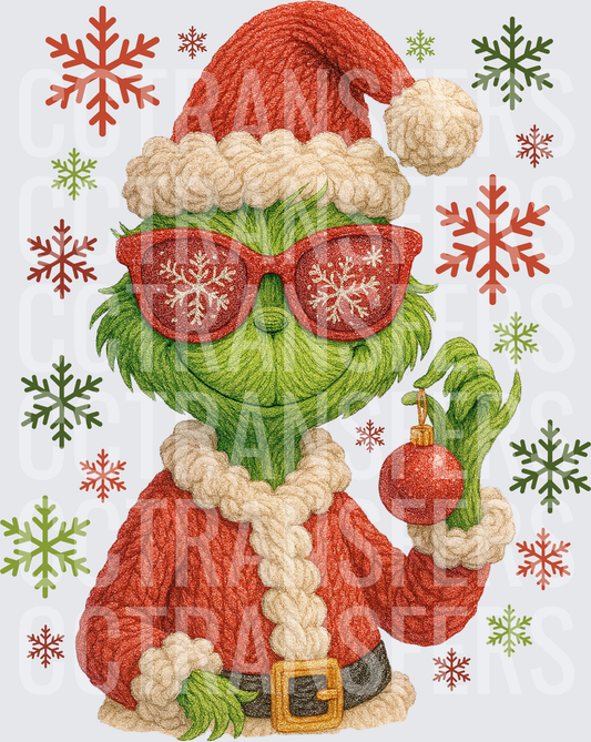 Fuzzy Green G-Man Santa Sunglasses Ornament Snowflakes (DTF)