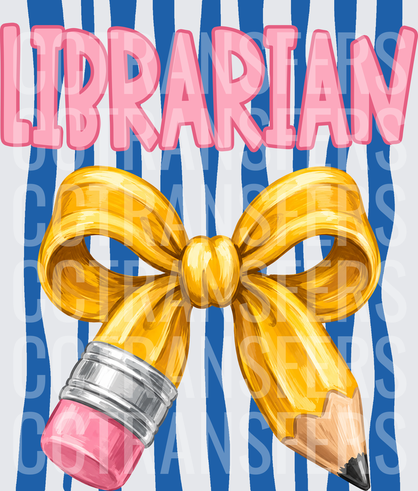 Librarian Gold Bow Pencil Blue Stripe (DTF)
