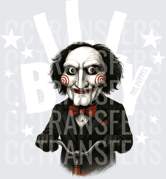 Creepy Puppet Clown On Tricycle Horror Illustration (DTF)