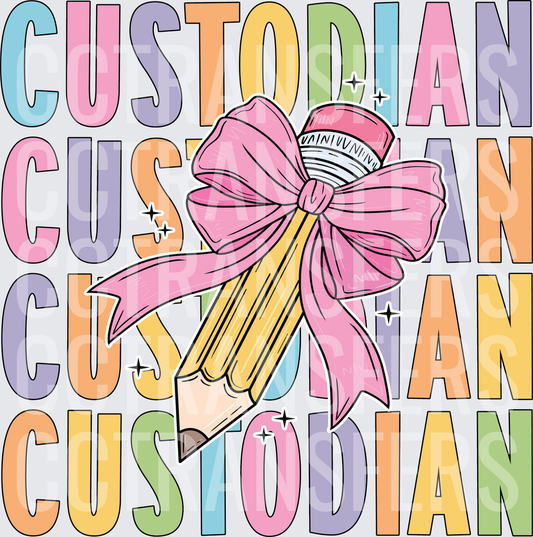 Custodian Stacked Word Pencil Pink Bow DTF