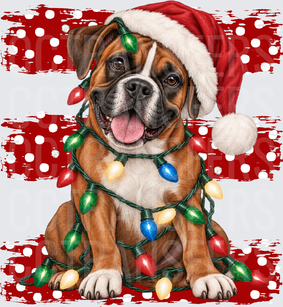 Boxer Dog Santa Hat Wrapped in Christmas Lights (DTF)
