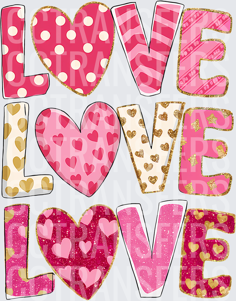 Triple LOVE Pink Gold Glitter Heart Patterned Letters (DTF)