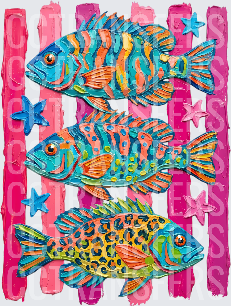 Colorful Tropical Fish Trio Pink Stripe Starfish Art (DTF)