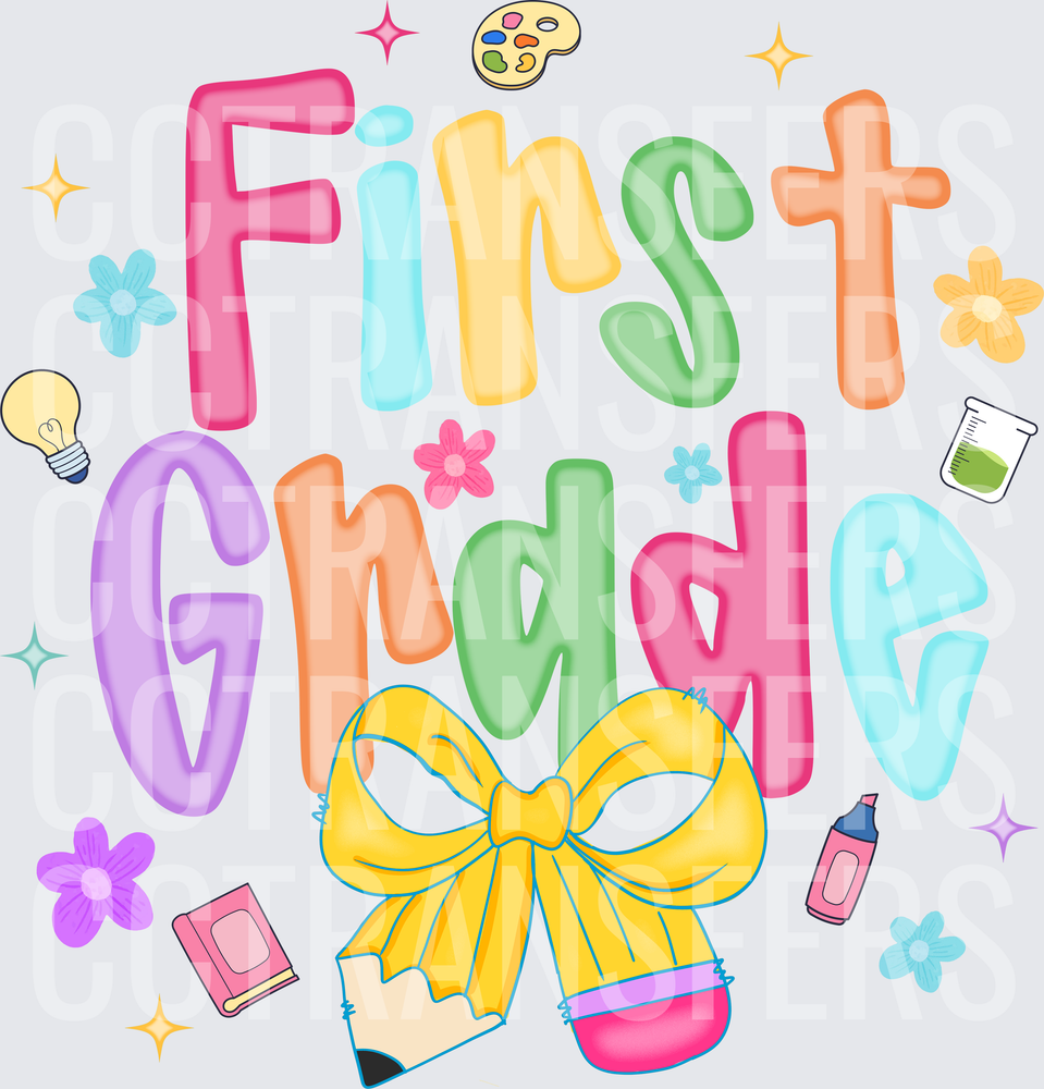 Colorful First Grade Bold Letters Yellow Bow Pencil (DTF)