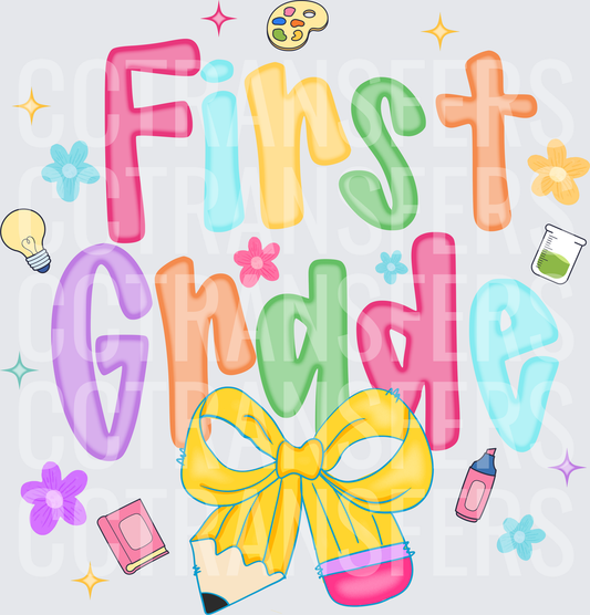 Colorful First Grade Bold Letters Yellow Bow Pencil (DTF)