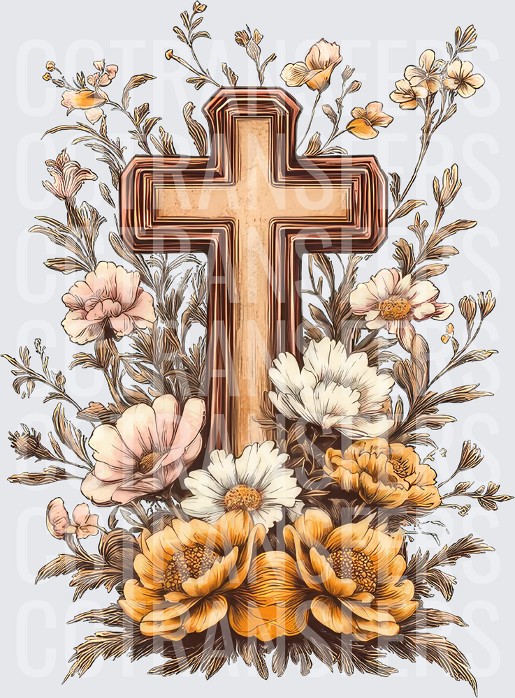 Rustic Wooden Cross with Wildflowers Botanical Arrangement (DTF)