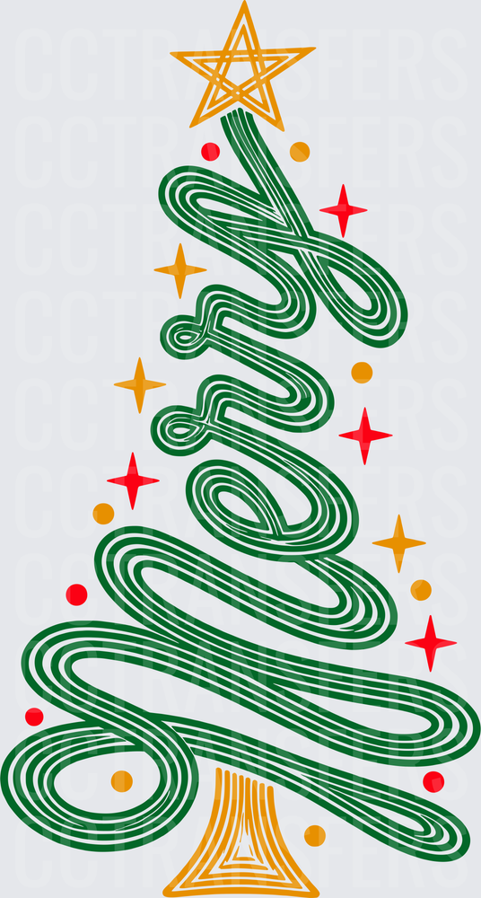 Merry Swirling Script Christmas Tree with Star Topper (DTF)