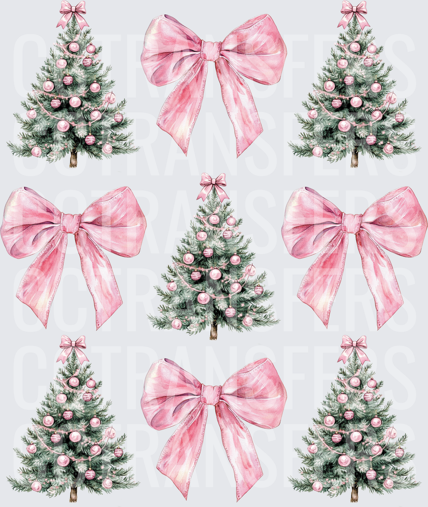 Watercolor Pink Christmas Trees and Bows Collection (DTF)