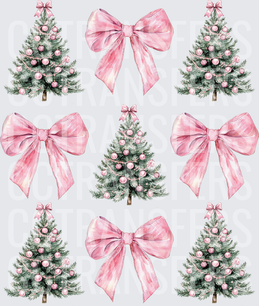 Watercolor Pink Christmas Trees and Bows Collection (DTF)