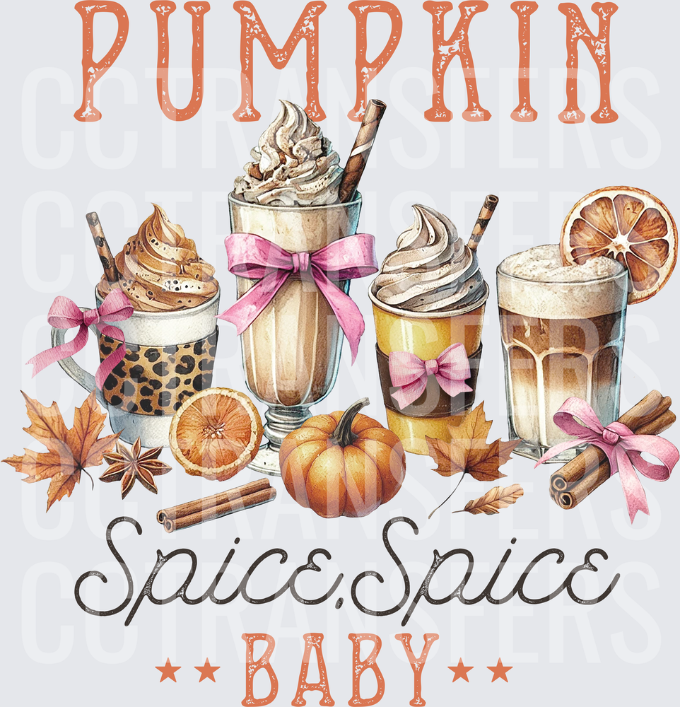 Pumpkin Spice Spice Baby Fall Coffee Drinks with Pink Bows (DTF)