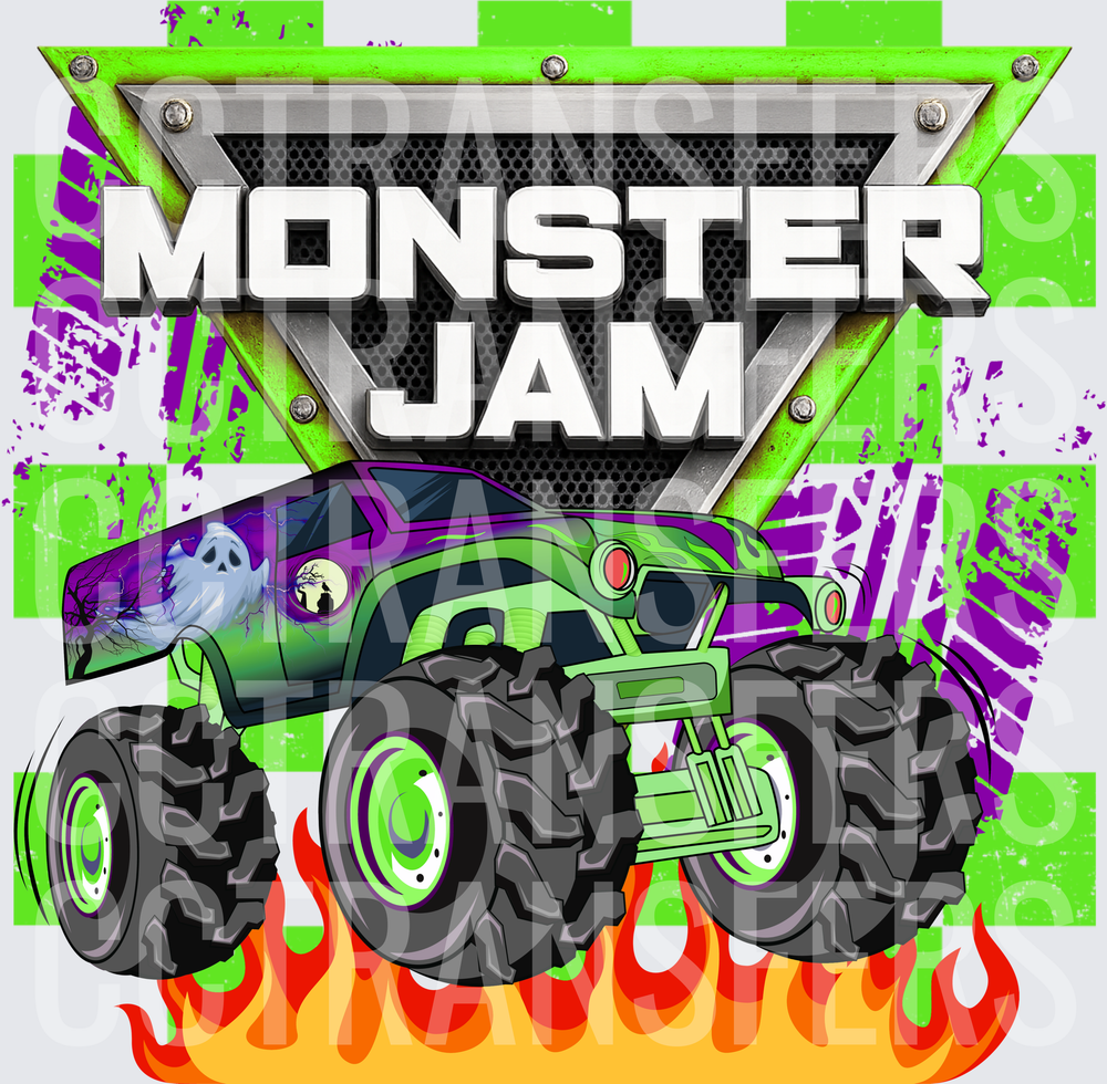 Monster Jam Ghost Monster Truck Flames Green Purple (DTF)