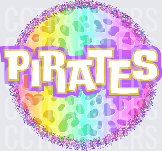 Rainbow Leopard Glitter Circle Pirates Bold Text (DTF)
