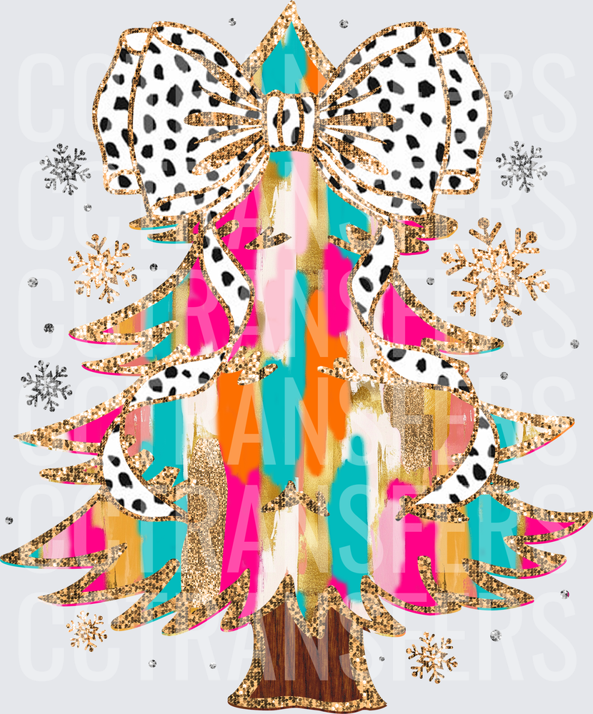 Colorful Brushstroke Christmas Tree Gold Glitter Dalmatian Bow (DTF)