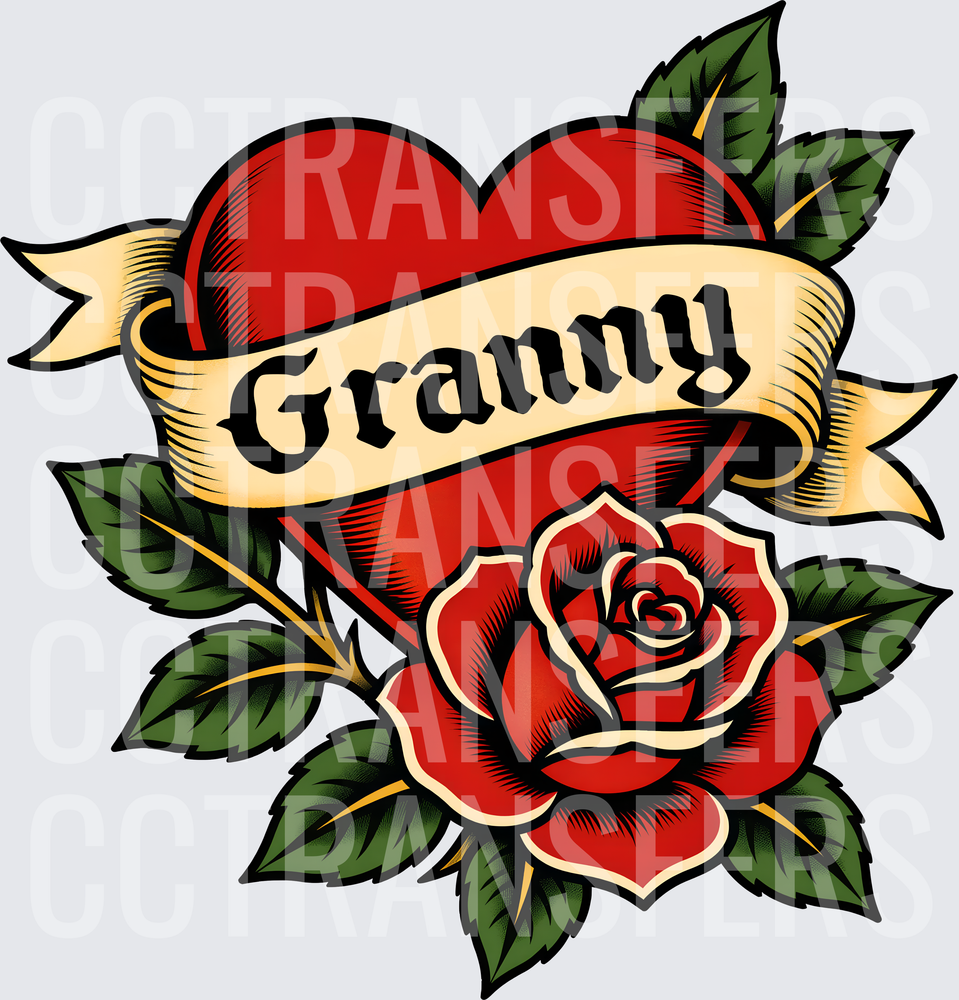 Old School Tattoo Heart Granny Banner Red Rose (DTF)