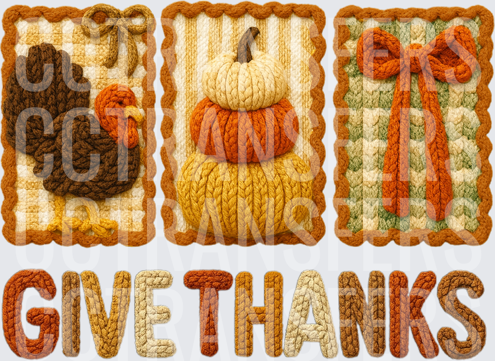 Give Thanks Crochet Knit Turkey Pumpkins Bow Trio (DTF)