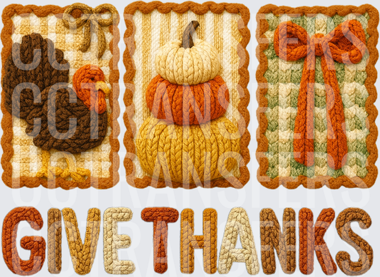 Give Thanks Crochet Knit Turkey Pumpkins Bow Trio (DTF)
