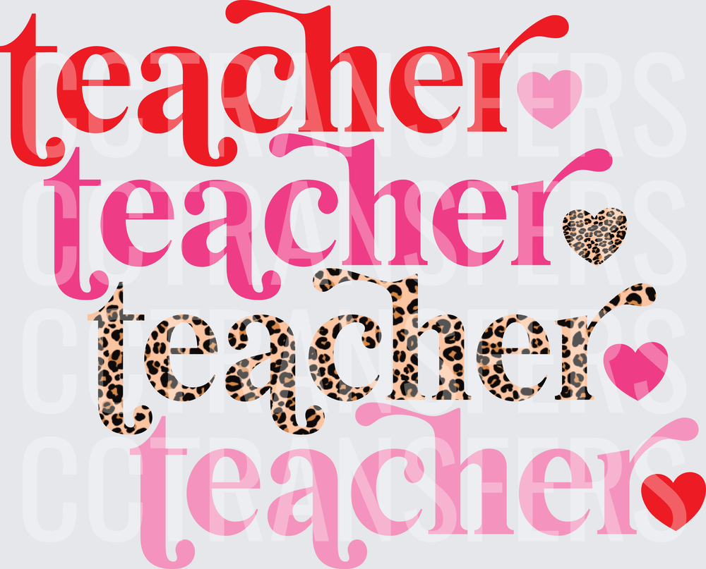 Teacher Stacked Leopard Print Hearts Typography (DTF)