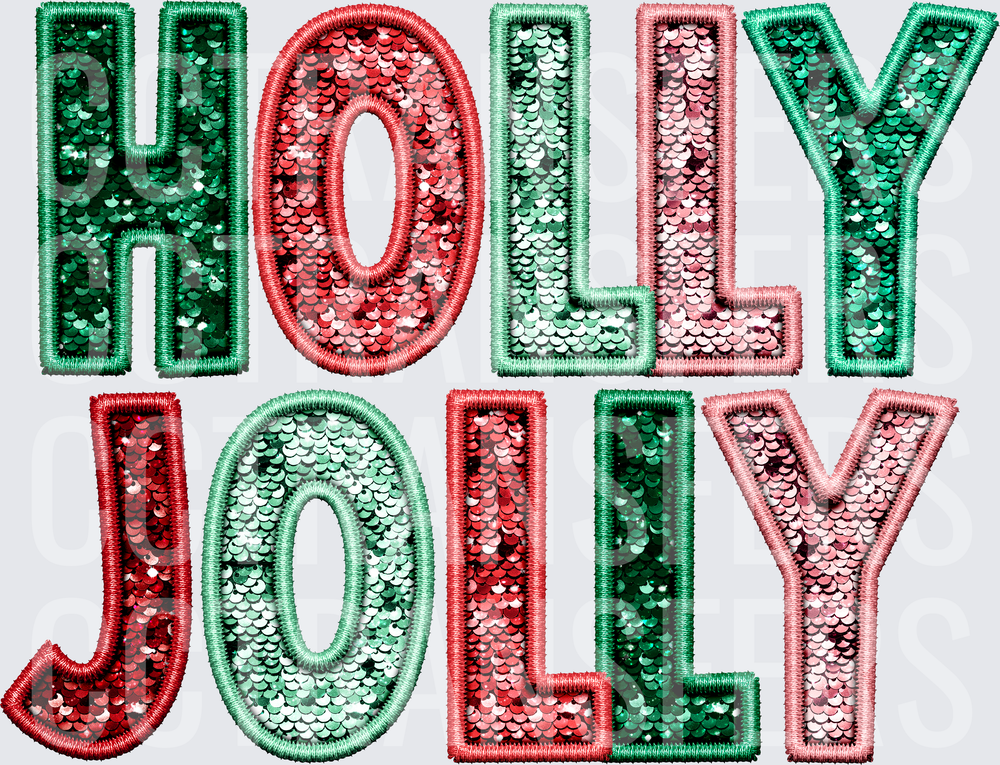 Holly Jolly Sequin Embroidery Patch Style Letters (DTF)
