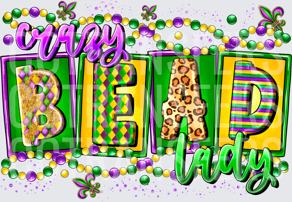 Crazy Bead Lady Mardi Gras Purple Green Gold (DTF)