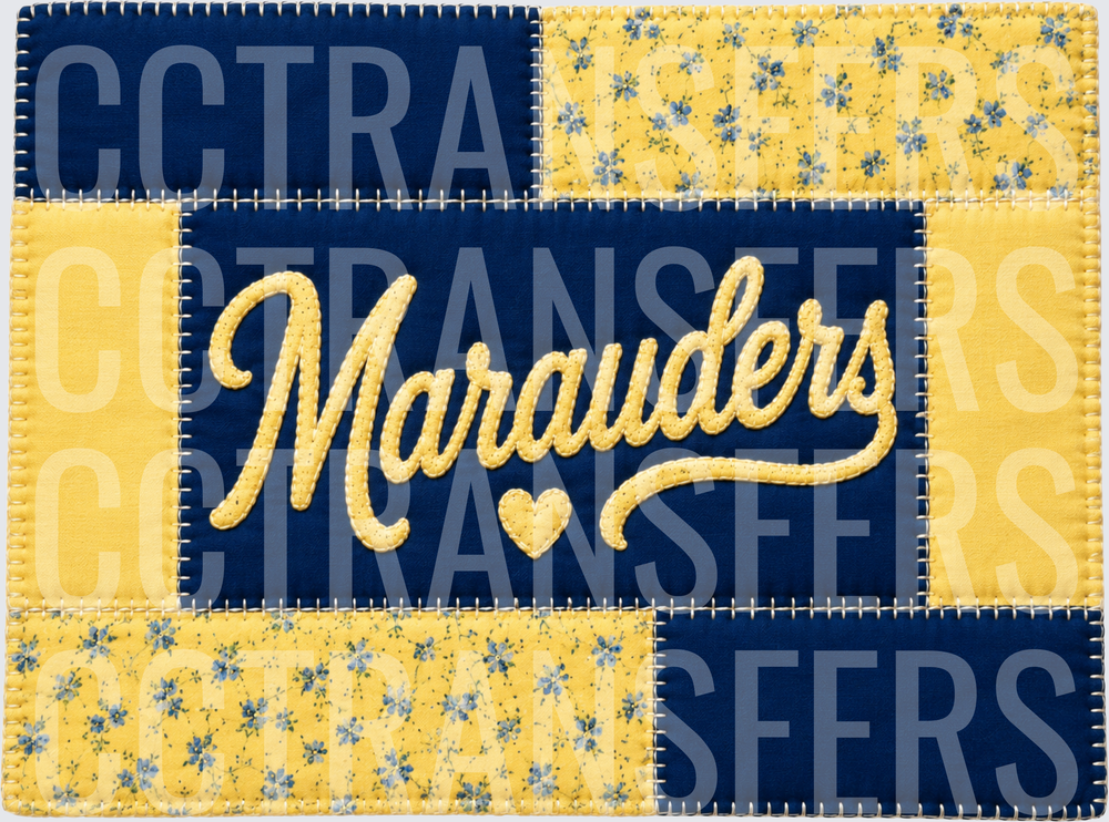 Marauders Script Patchwork Quilt Navy Gold Floral (DTF)