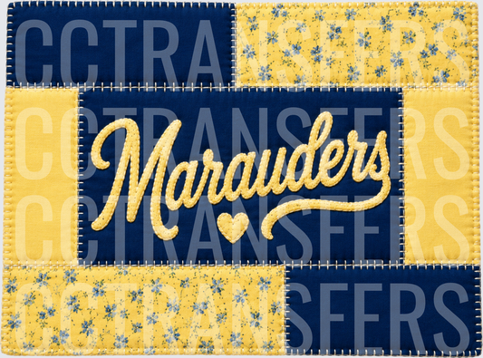 Marauders Script Patchwork Quilt Navy Gold Floral (DTF)