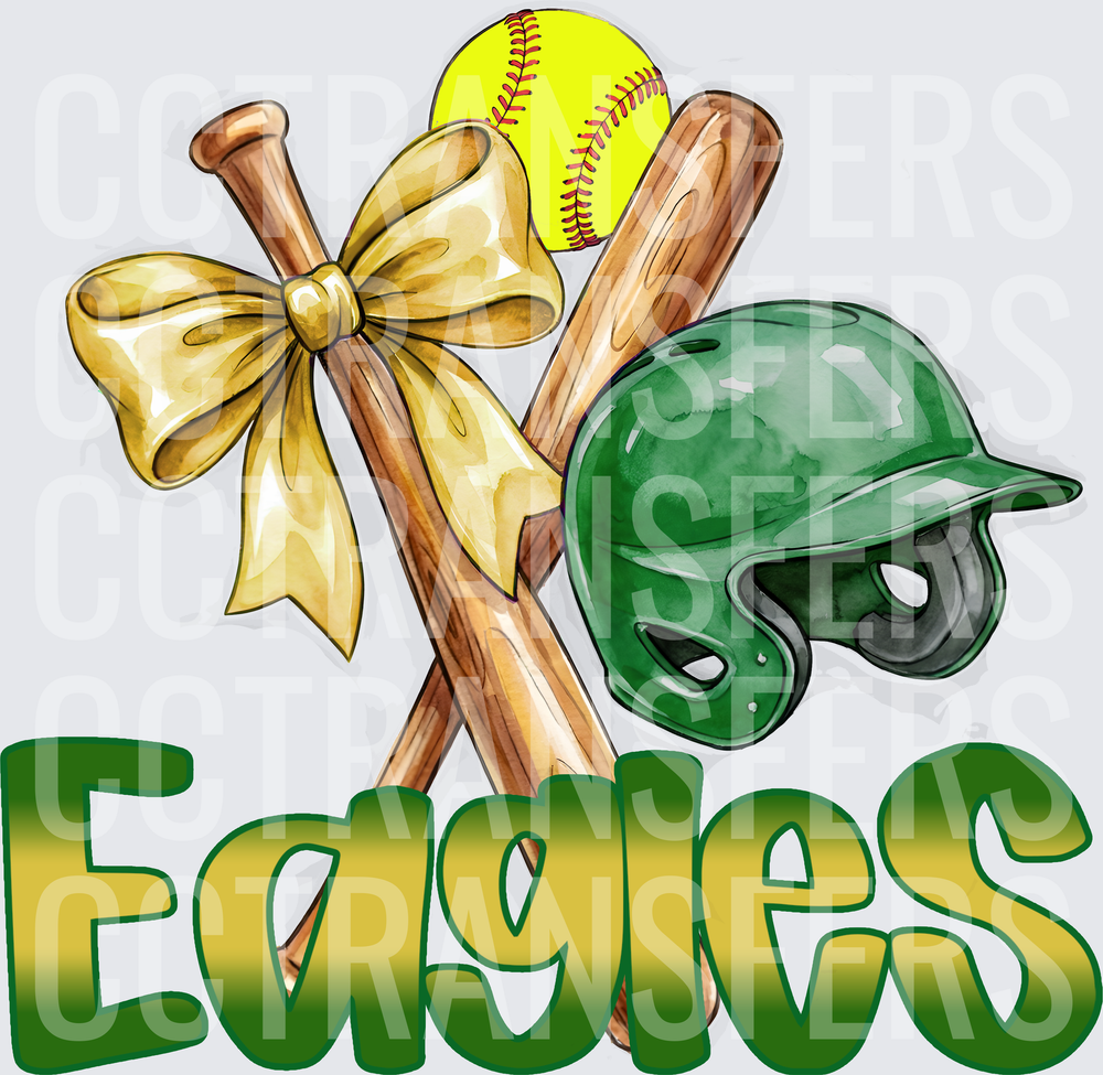 Eagles Softball Crossed Bats Green Helmet Gold Bow (DTF)
