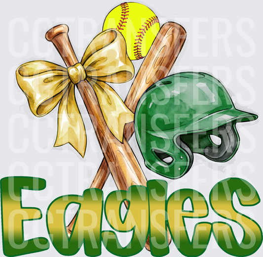 Eagles Softball Crossed Bats Green Helmet Gold Bow (DTF)
