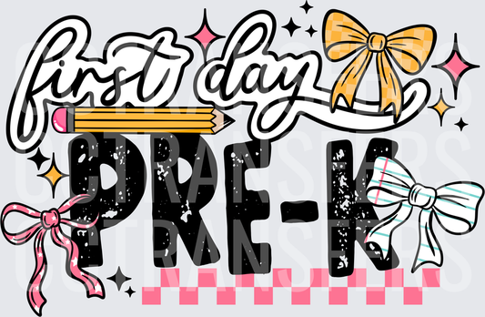 First Day Pre-K Bows Pencil Checkered Sparkle Design (DTF)
