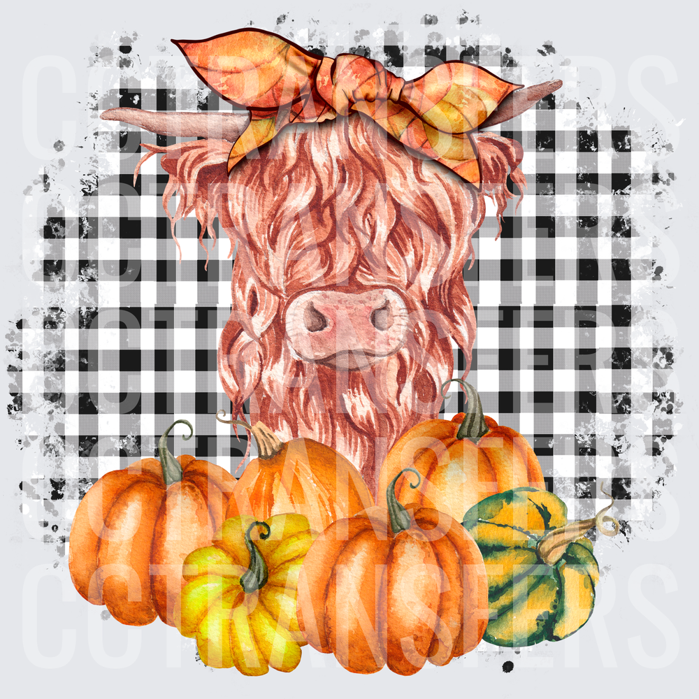 Fluffy Highland Cow Bandana Fall Pumpkins Buffalo Plaid (DTF)