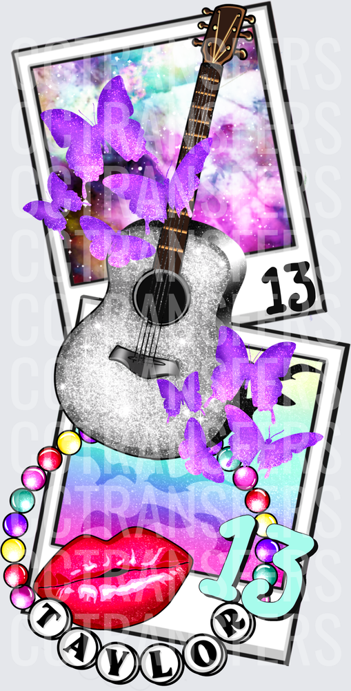 Taylor Glitter Guitar Purple Butterflies Lucky 13 Beads DTF