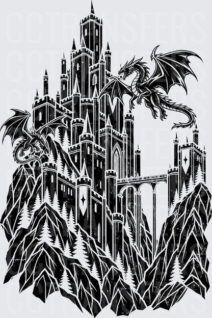 Twin Dragons Gothic Castle Rocky Cliffs Pine Trees (DTF)