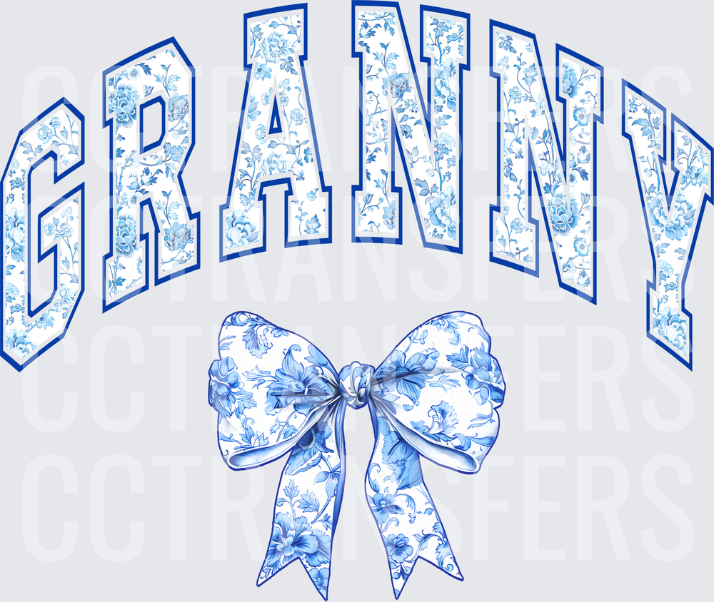 Granny Arched Blue Floral Varsity Letters with Bow (DTF)
