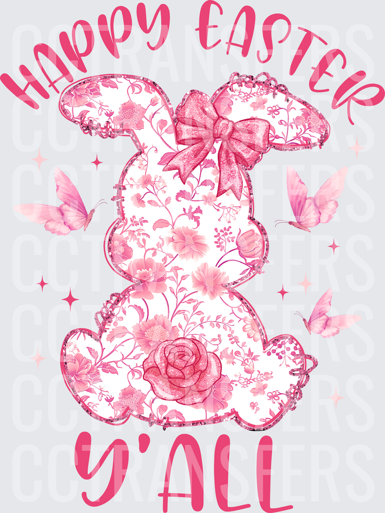 Happy Easter Y'all Pink Floral Bunny Bow Butterflies (DTF)