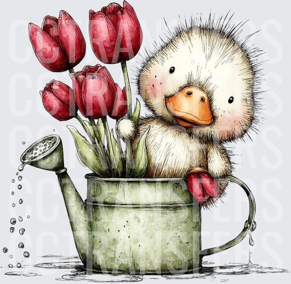 Fluffy Baby Duck in Watering Can with Red Tulips (DTF)