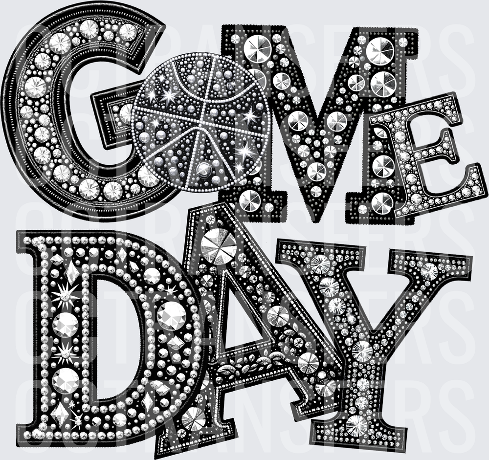 Game Day Basketball Rhinestone Bling Black Silver (DTF)
