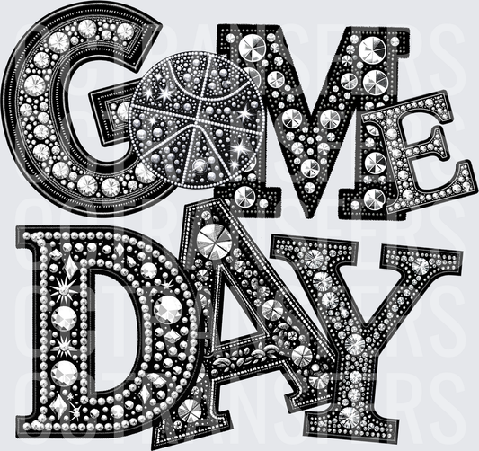 Game Day Basketball Rhinestone Bling Black Silver (DTF)