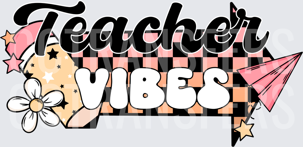 Teacher Vibes Retro Checkered Groovy Floral Design (DTF)