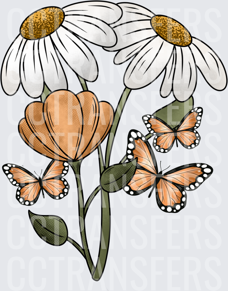 Boho Daisies Tulip Monarch Butterflies Floral Bouquet (DTF)