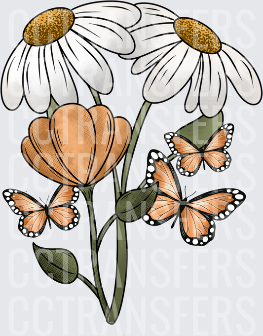 Boho Daisies Tulip Monarch Butterflies Floral Bouquet (DTF)