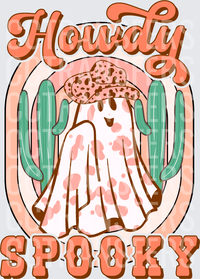 Howdy Spooky Western Ghost Cow Print Cowboy Hat Cactus (DTF)