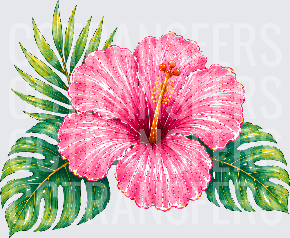 Tropical Pink Hibiscus with Monstera Palm Leaves (DTF)