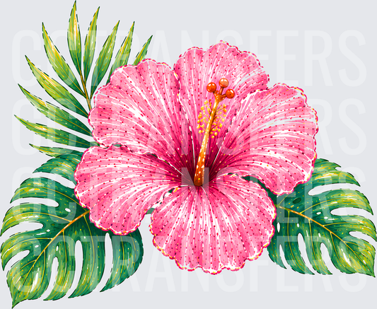 Tropical Pink Hibiscus with Monstera Palm Leaves (DTF)