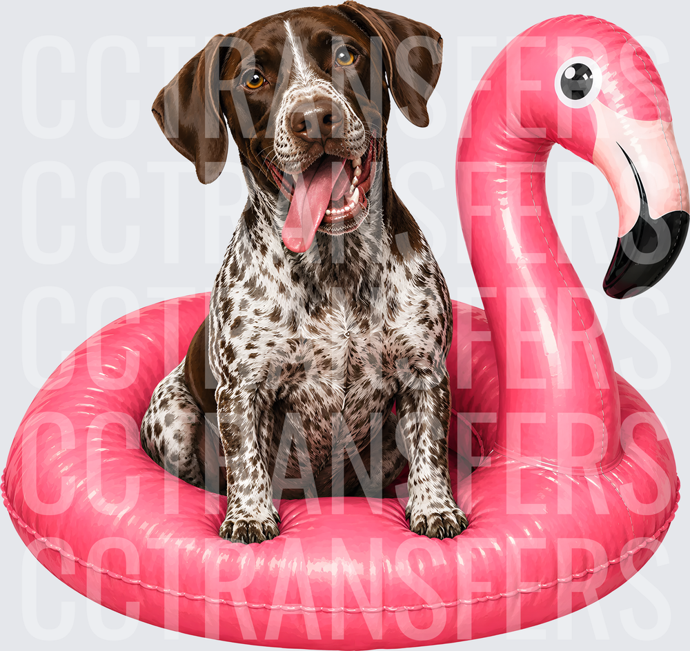 Happy Spotted Dog Sitting in Pink Flamingo Pool Float (DTF)